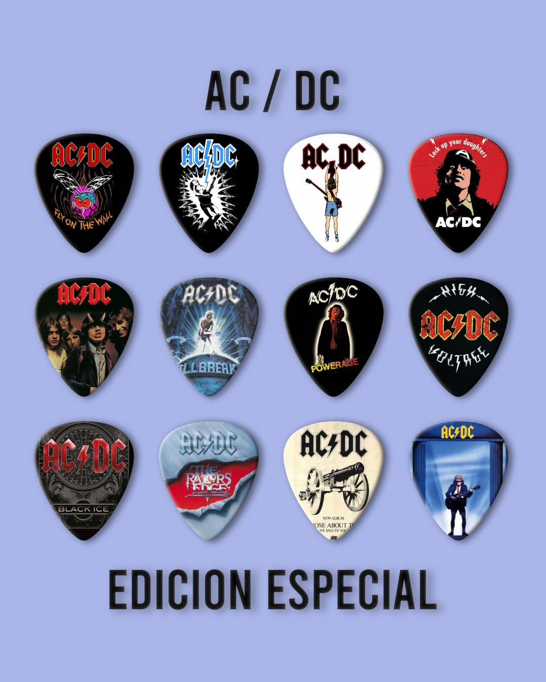 Púas Colección AC/DC. Pack 12 Unid + Llavero Porta Púa