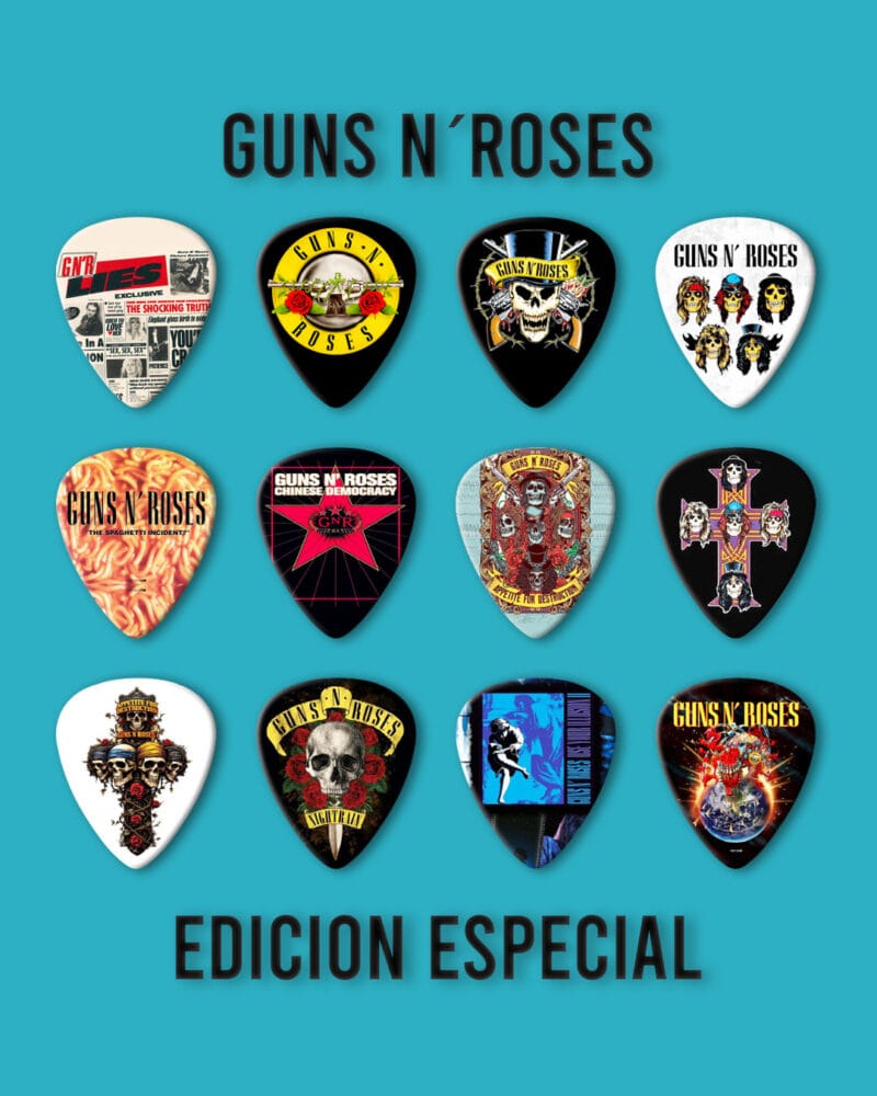 Púas Colección Guns N Roses. Pack 12 Unid + Llavero Porta Púa