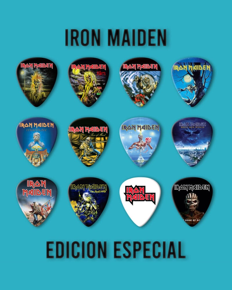 Púas Colección Iron Maiden. Pack 12 Unid + Llavero Porta Púa