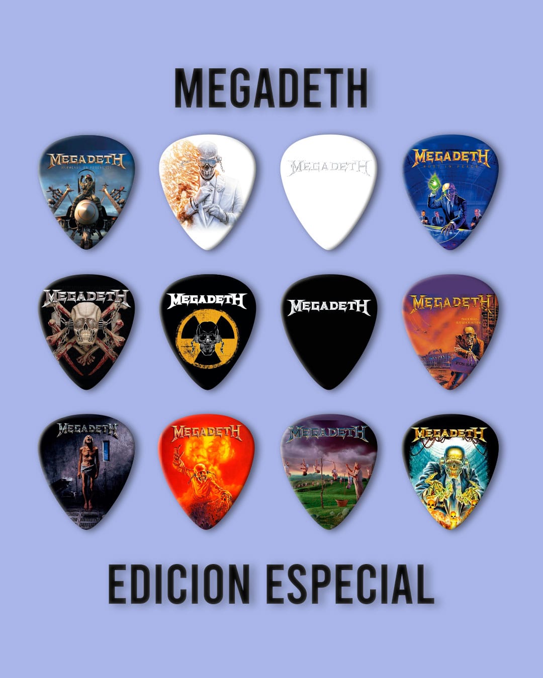 Púas Colección Megadeth. Pack 12 Unid + Llavero Porta Púa