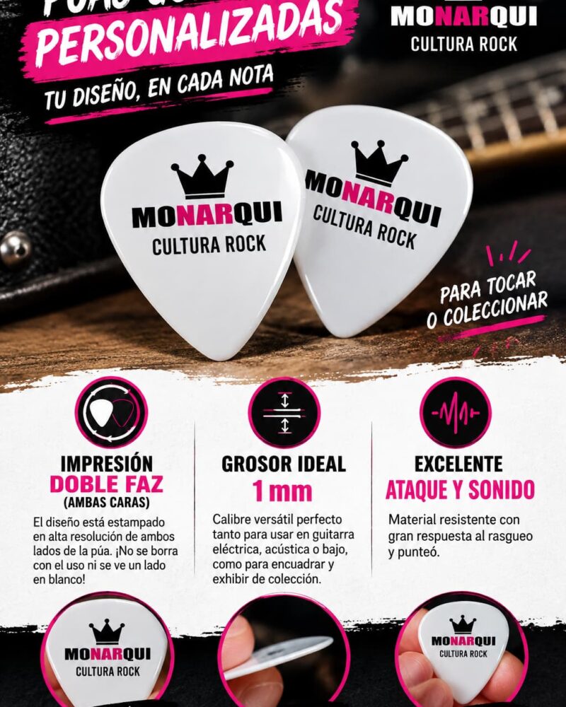 Puas Personalizadas doble faz (de ambos lados) + Llavero Porta Púa