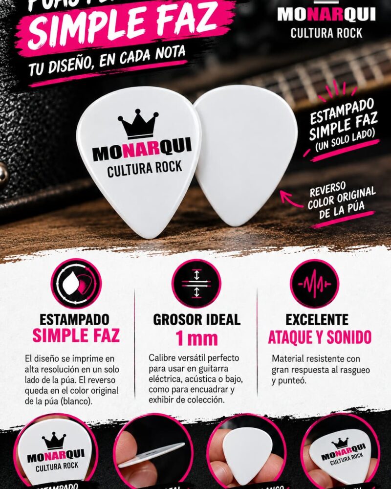 Puas Personalizadas simple faz (de un solo lado) + Llavero Porta Púa