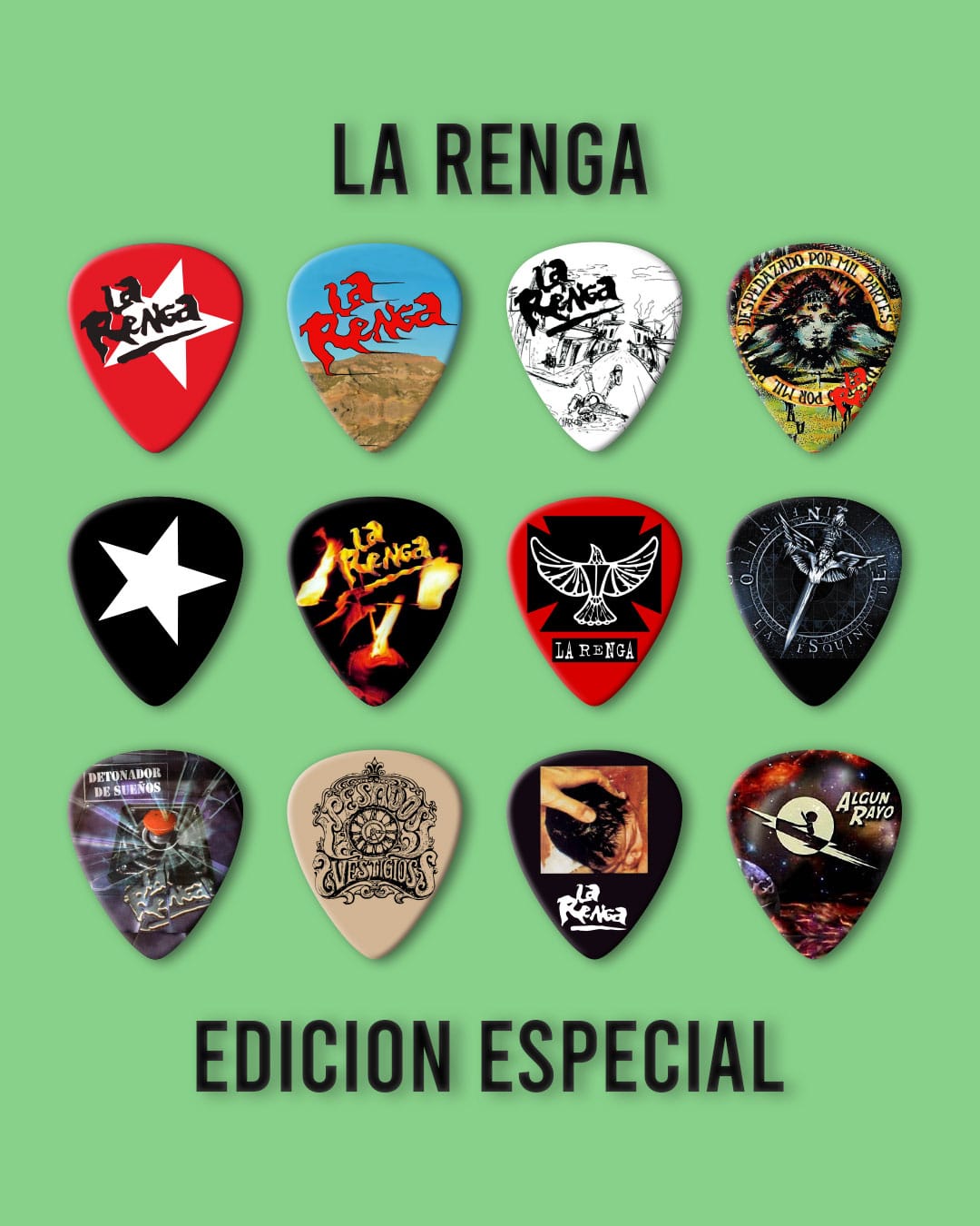 Púas Colección La Renga. Pack 12 Unid + Llavero Porta Púa