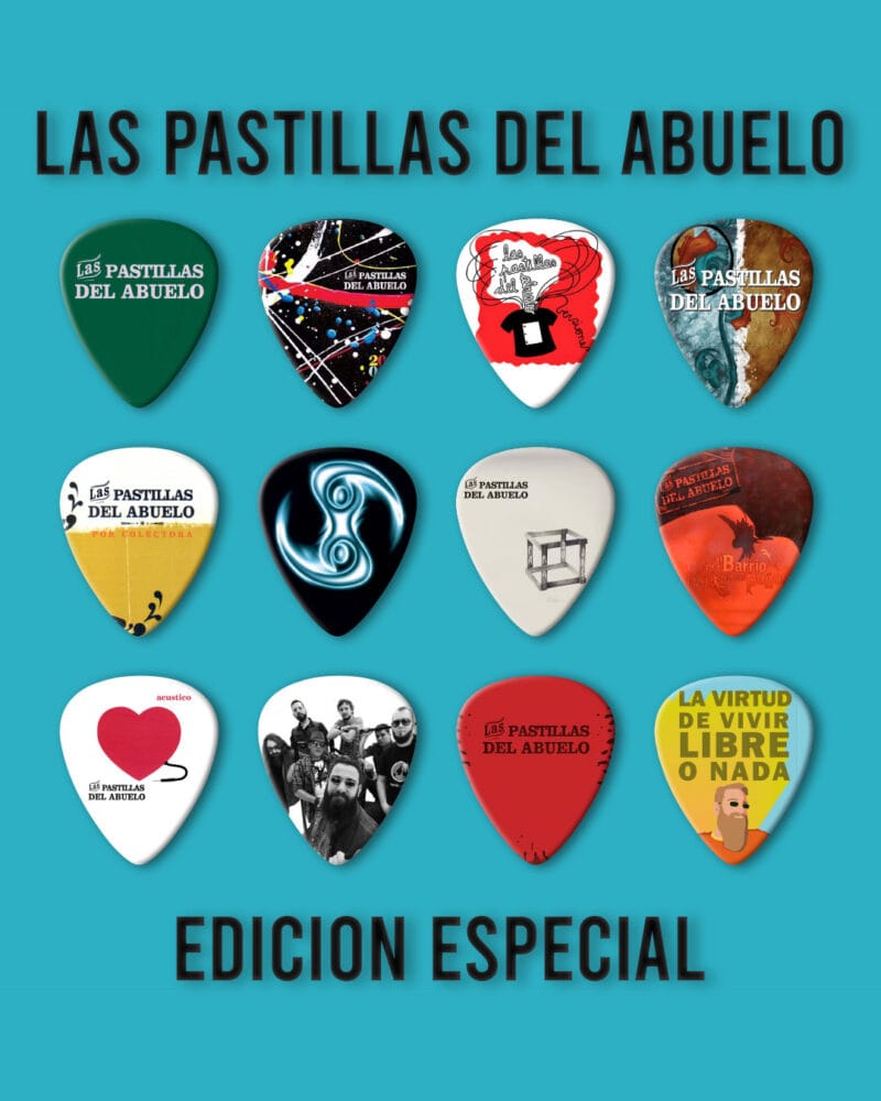 Púas Colección Las Pastillas del Abuelo. Pack 12 Unid + Llavero Porta Púa